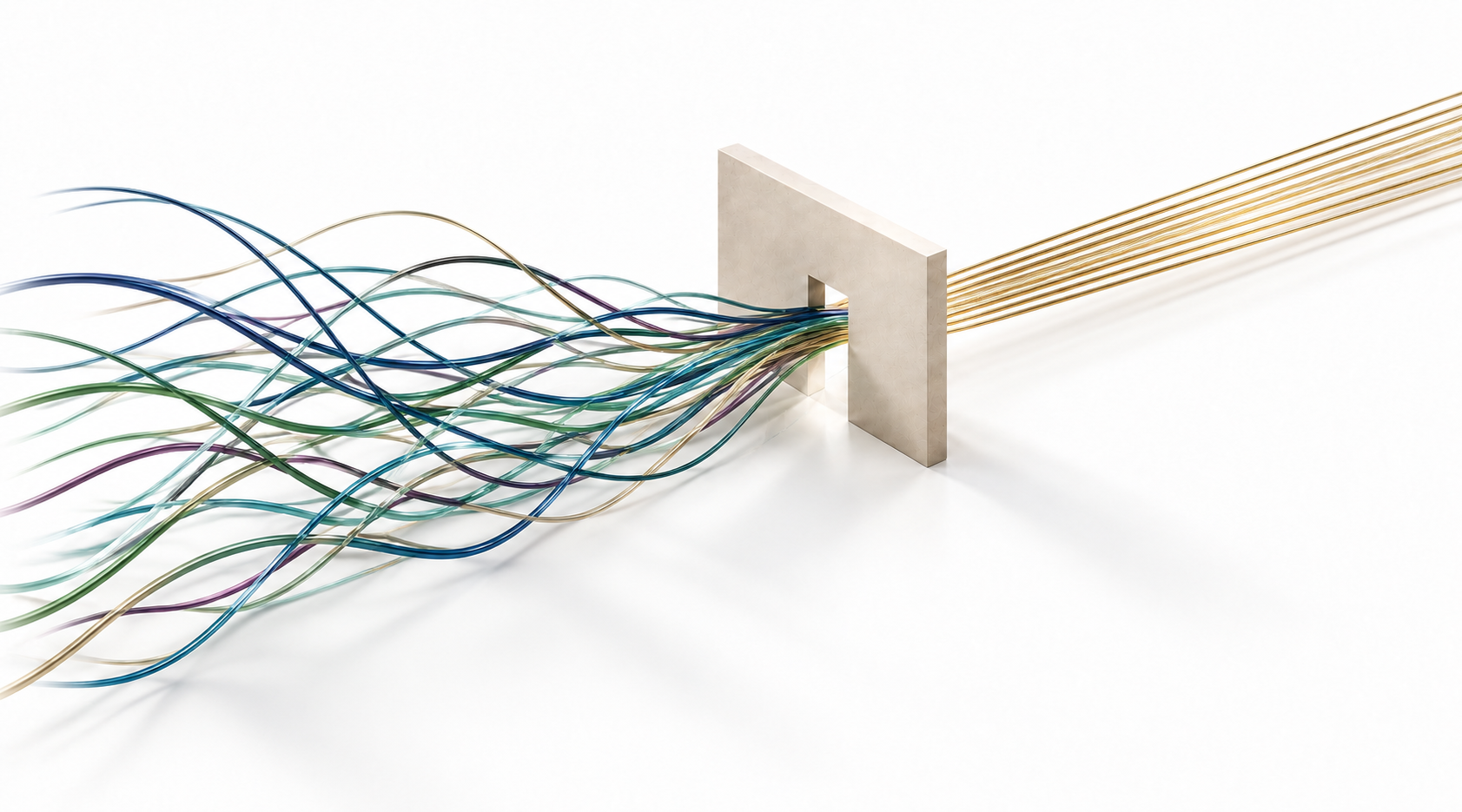 Multicolored threads converge through a small stone opening and emerge as distinct, straight, parallel gold strands.